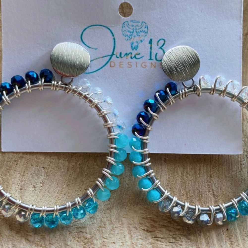 Silver and Blue Ombré Beaded Hoop Earrings